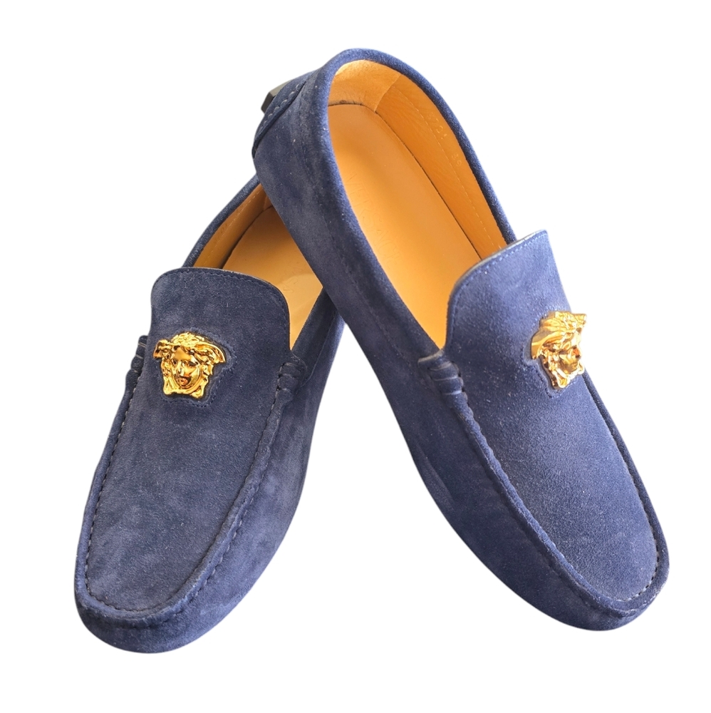 Versace Blue Driver Suede Loafers with Gold Medusa